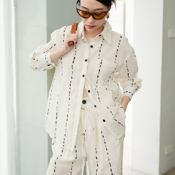 Cream Striped Women's Pants & Jumpsuit Set - Picture 2 of 7